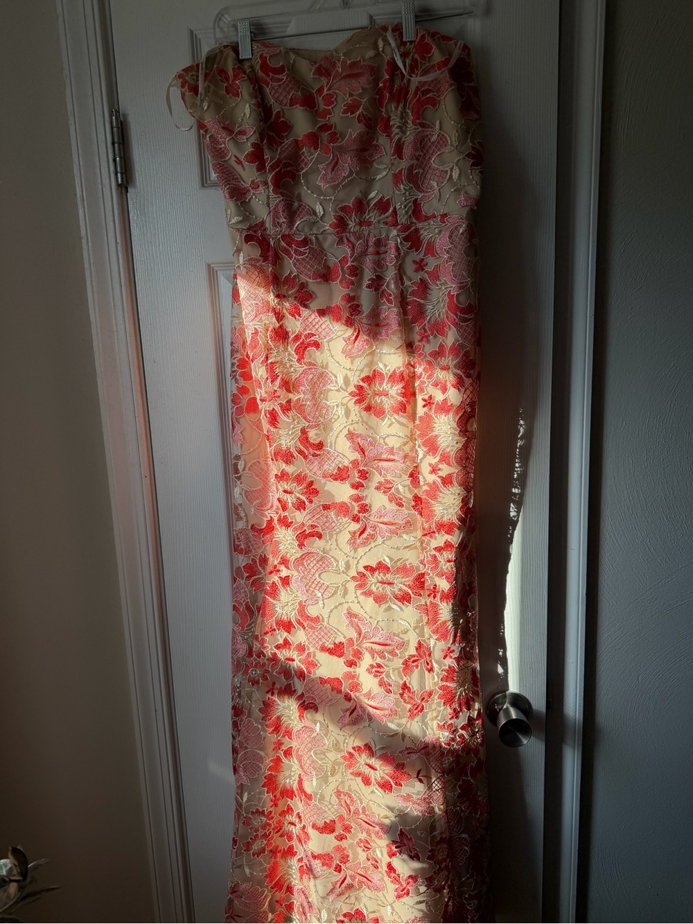 Strapless Floral Lace Gown in Cream & Coral